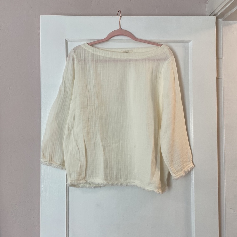 Eileen Fisher 100% Organic Cotton Ivory Long Sleeve Tunic Top Shirt Raw Hem Med